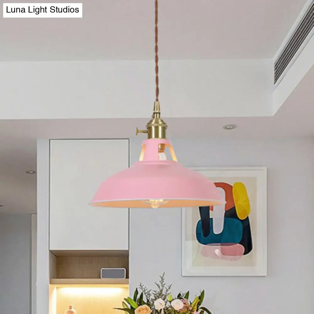Barn Shaped Macaron Metal Pendant Light With Vent Design - 1-Light Suspension For Restaurants