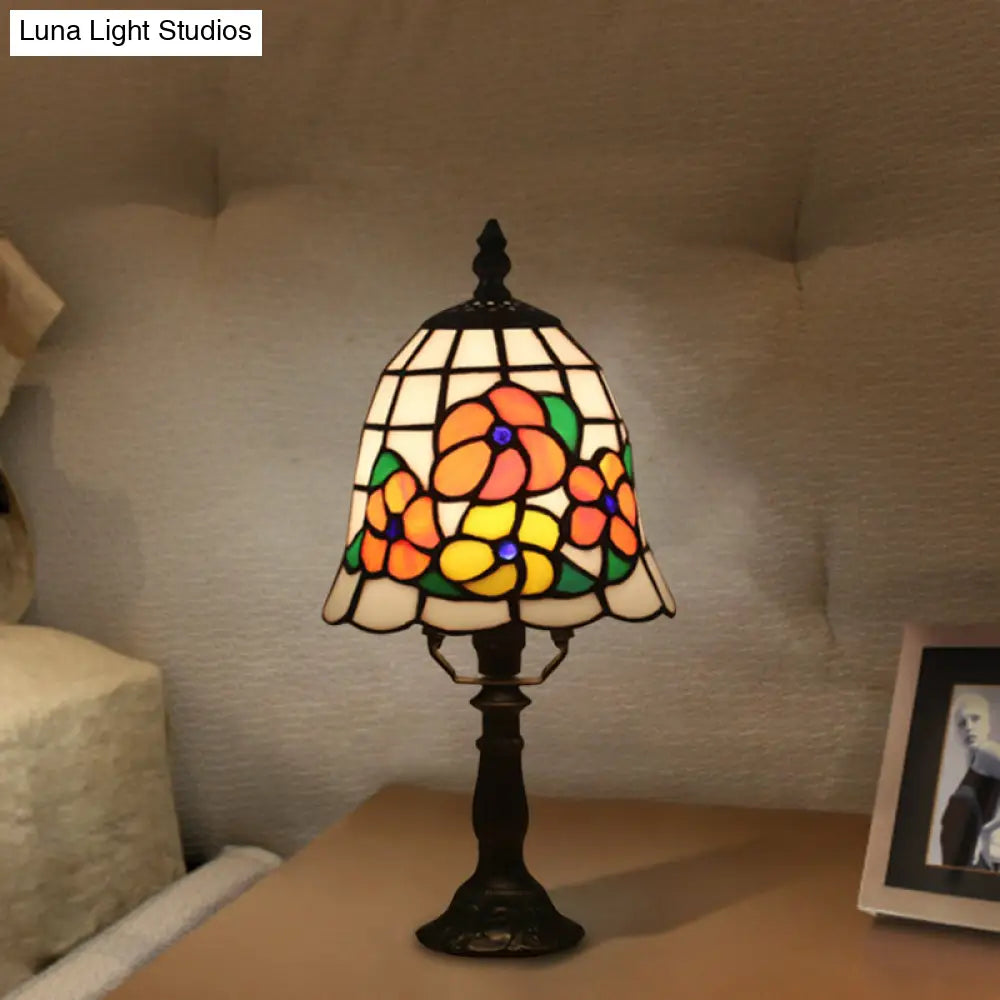 Baroque Bell Stained Art Glass Nightlight Table Lamp In Pink/Orange - Bloom Pattern Bedside Lighting
