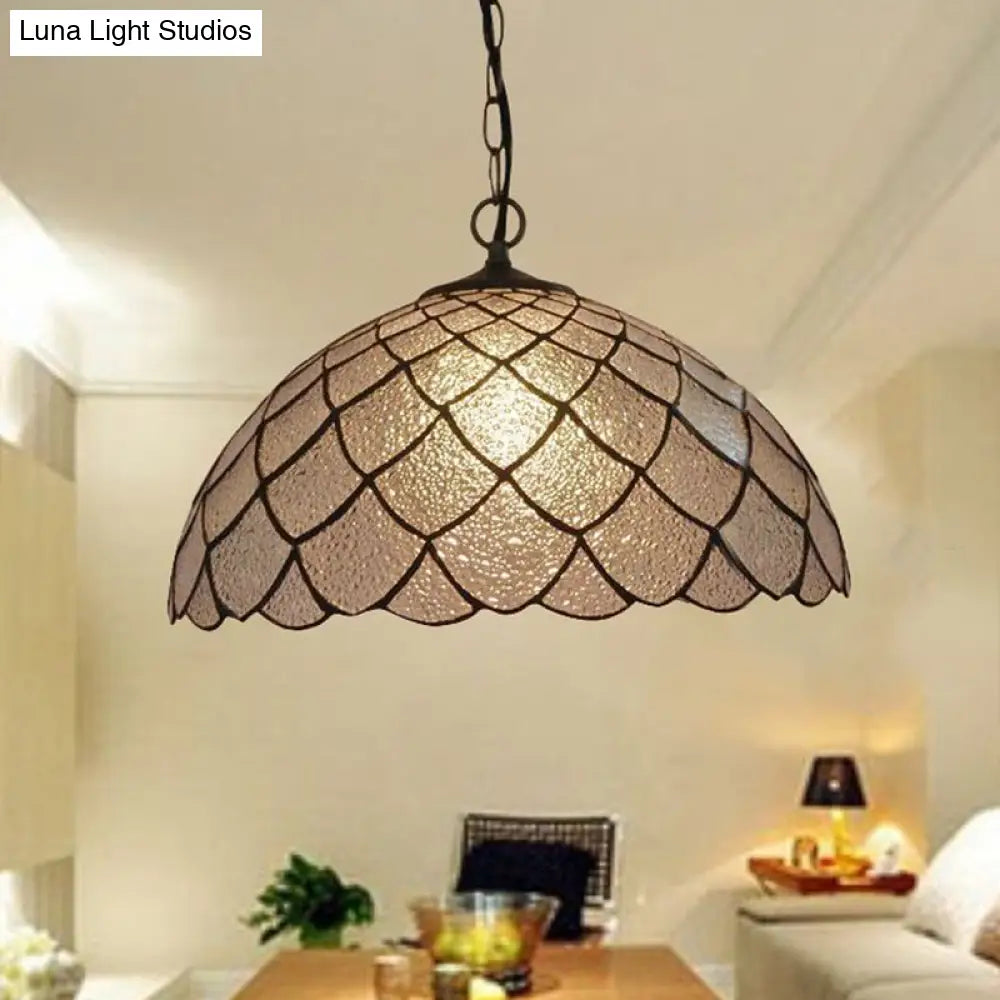 Baroque Black Domed Shade Ceiling Light With Silver Textured Glass Pendant