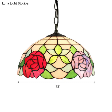Baroque Black Stained Glass Pendant Lamp With Rose Pattern - Suspended Light Fixture