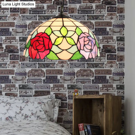 Baroque Black Stained Glass Pendant Lamp With Rose Pattern - Suspended Light Fixture