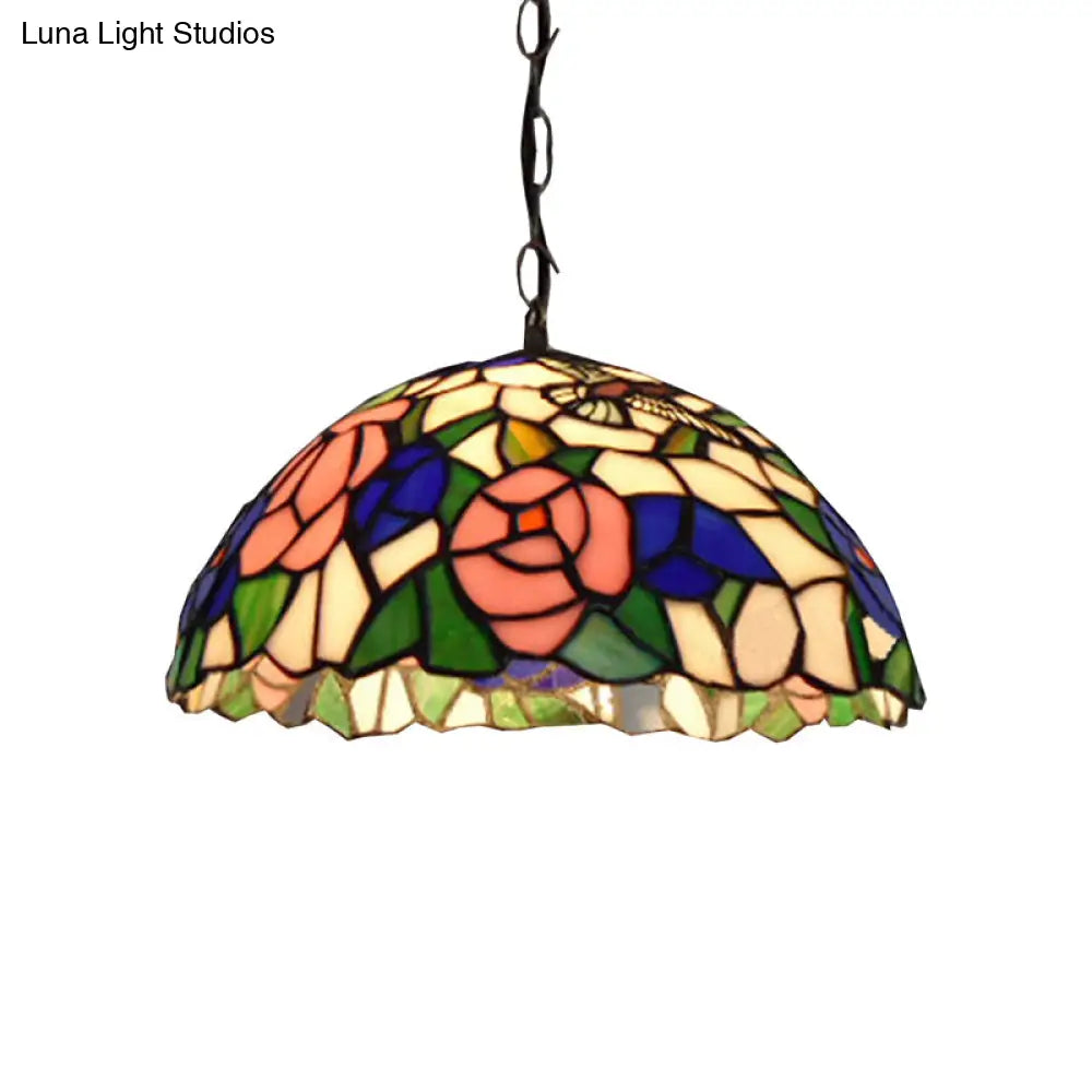 Baroque Black Stained Glass Pendant Lamp With Rose Pattern - Suspended Light Fixture