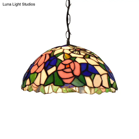 Baroque Black Stained Glass Pendant Lamp With Rose Pattern - Suspended Light Fixture