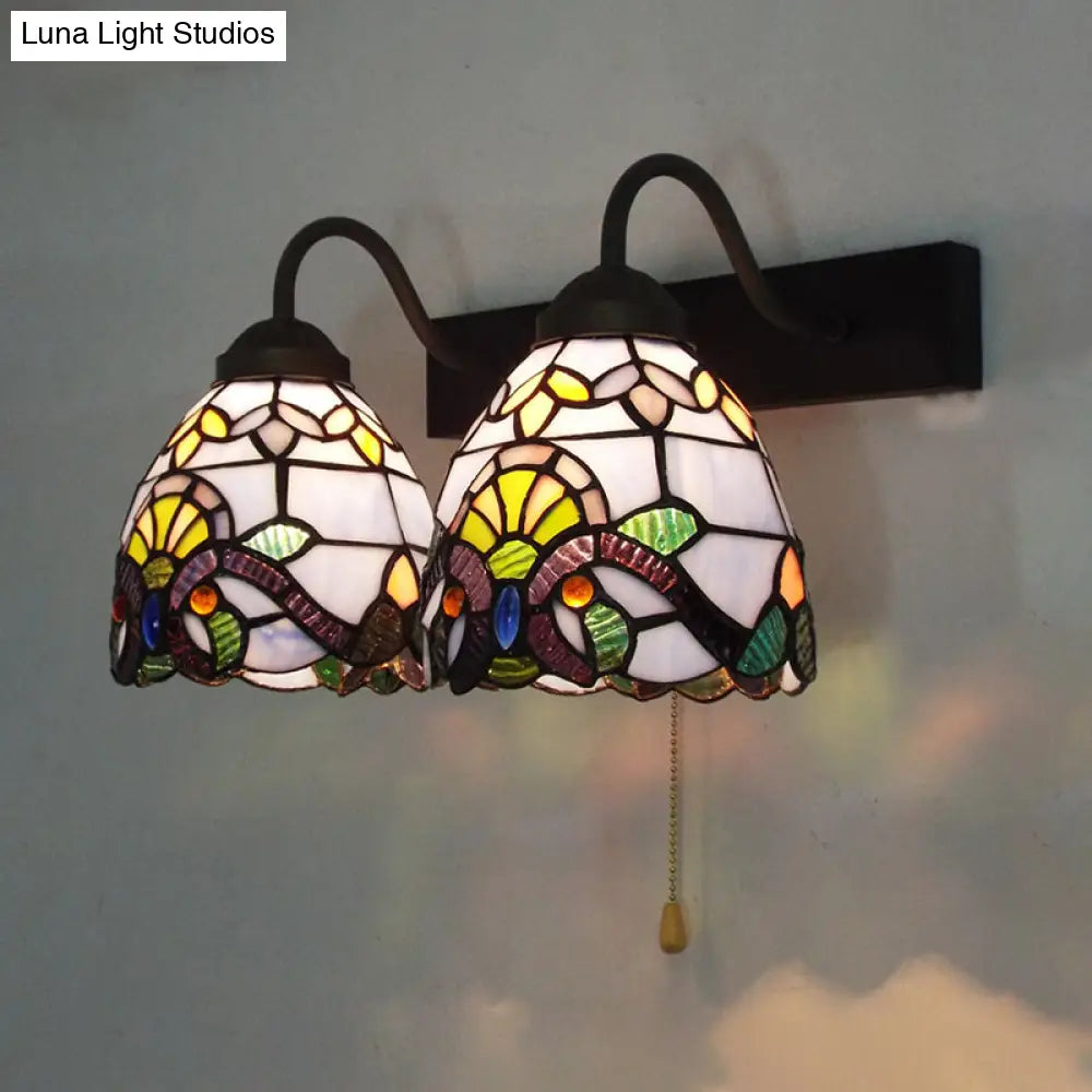 Baroque Blue Glass Sconce Light With Pull Chain Switch - 2-Head Bowl Wall Fixture