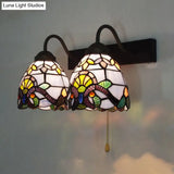 Baroque Blue Glass Sconce Light With Pull Chain Switch - 2-Head Bowl Wall Fixture