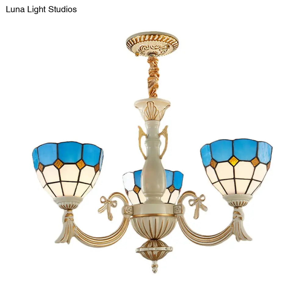 Baroque Bowl Hanging Light With Curved Arm - 3-Light Stained Glass Chandelier In Blue