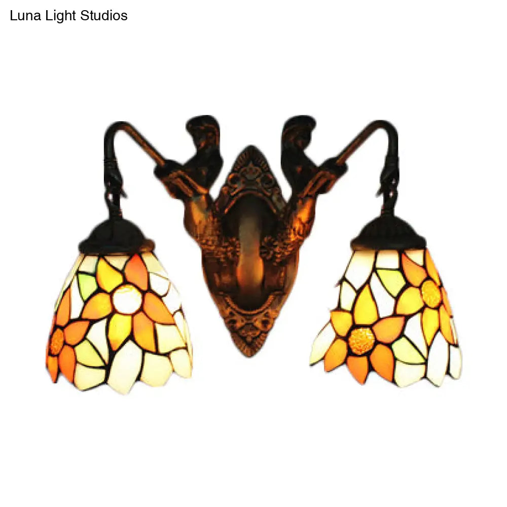 Baroque Brass Bell Sconce: 2-Light Multicolored Stained Glass Wall Mount