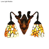 Baroque Brass Bell Sconce: 2-Light Multicolored Stained Glass Wall Mount