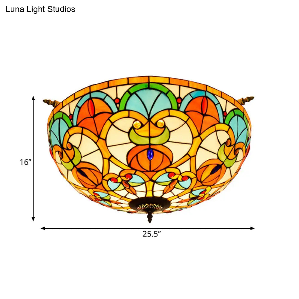 Baroque Brass Jewel Ceiling Lamp - 5 Multicolored Stained Glass Bulbs (21.5’/25.5’) Semi Flush