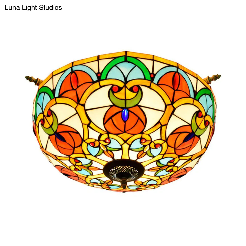 Baroque Brass Jewel Ceiling Lamp - 5 Multicolored Stained Glass Bulbs (21.5’/25.5’) Semi Flush