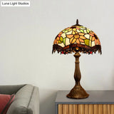 Baroque Bronze Stained Art Glass Nightstand Light For Bedroom - Scalloped 1-Light Floral Patterned