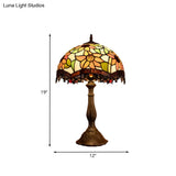Baroque Bronze Stained Art Glass Nightstand Light For Bedroom - Scalloped 1-Light Floral Patterned