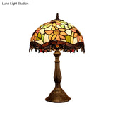 Baroque Bronze Stained Art Glass Nightstand Light For Bedroom - Scalloped 1-Light Floral Patterned