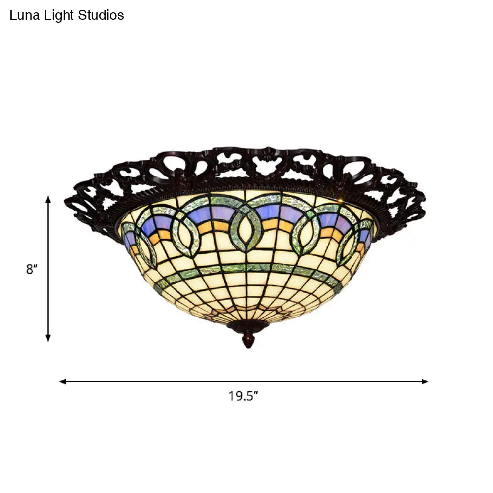Baroque Bronze Stained Glass Led Ceiling Lamp With Grid Bowl Shape - Flush Mount Lighting