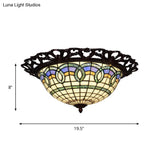 Baroque Bronze Stained Glass Led Ceiling Lamp With Grid Bowl Shape - Flush Mount Lighting