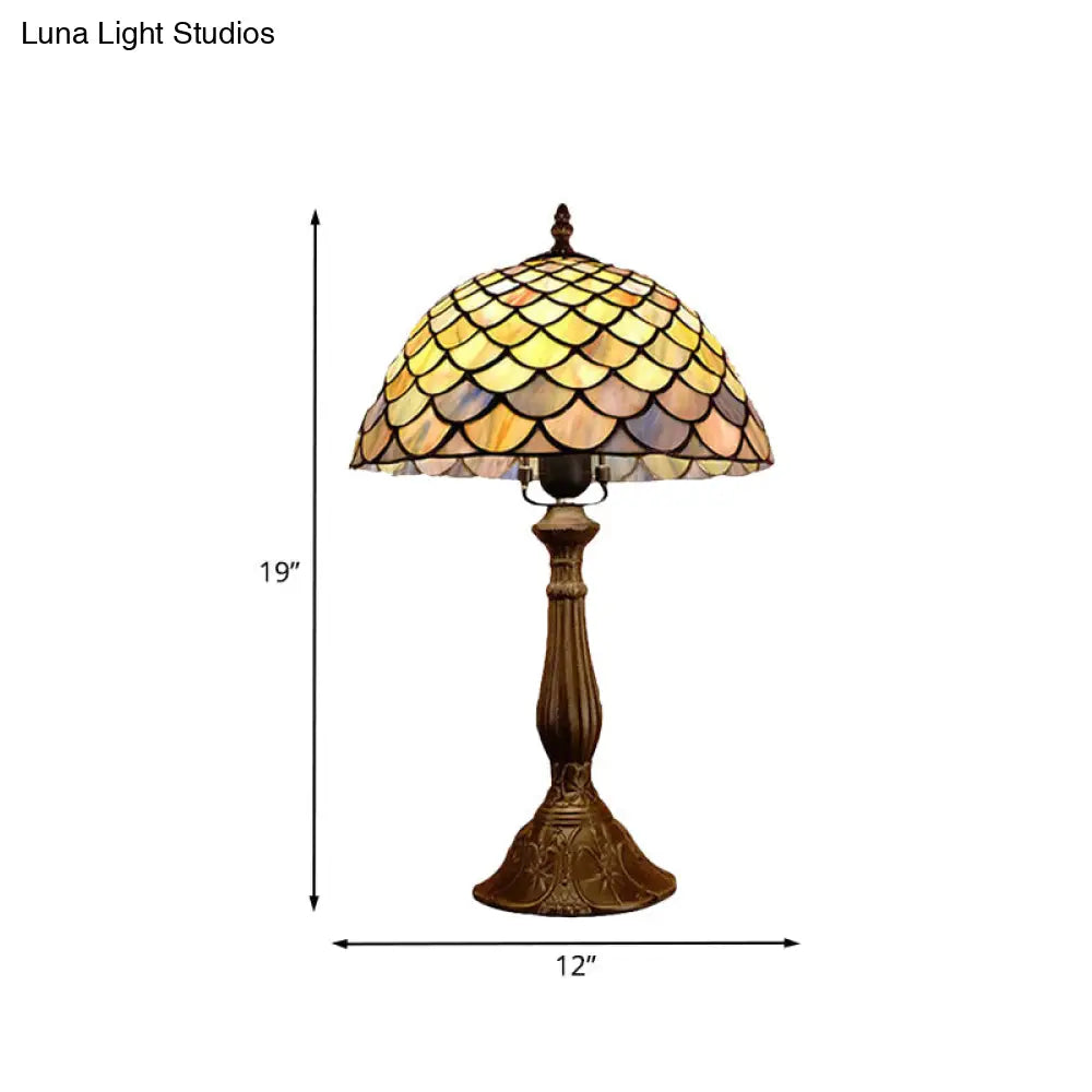 Baroque Bronze Table Lamp With Hand Cut Glass Dome And Scale Pattern