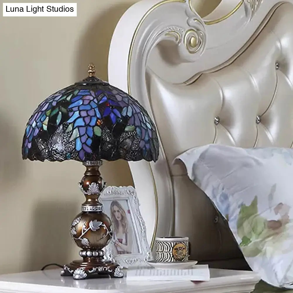 Baroque Brown Gourd Table Lamp With Stained Glass Shade - Resin Nightstand Lighting (1 Bulb)