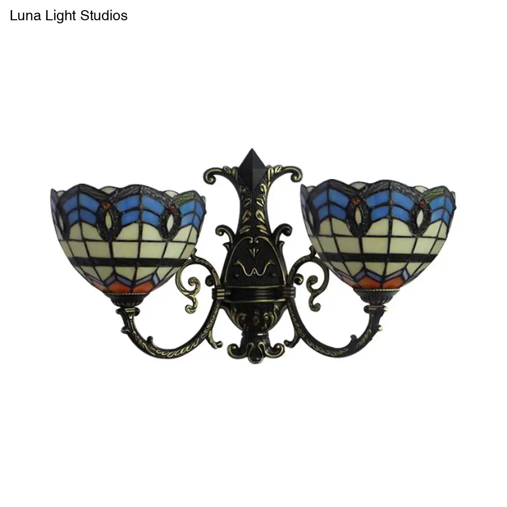 Baroque Double Wall Sconce Lighting With Stained Glass And Curved Arm