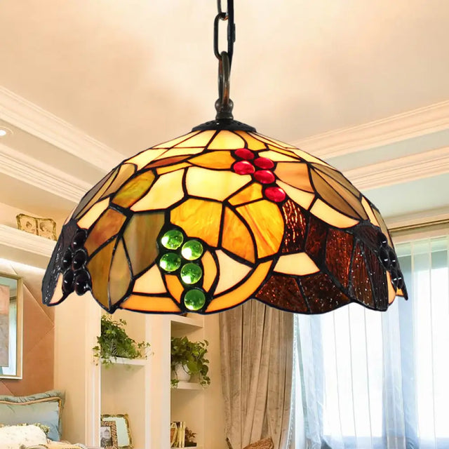 Baroque Glass Bowl Pendant Light With Grape Pattern - Brown Hand-Cut 1 Bulb Ceiling Hanging