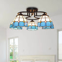 Baroque Glass Grid Pattern Semi Flush Light Fixture - 5 Lights Blue/Light Blue Black Ceiling Mount