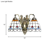 Baroque Mermaid Metal Wall Light With Art Glass Shade - White/Blue Sconce 2-Head Design