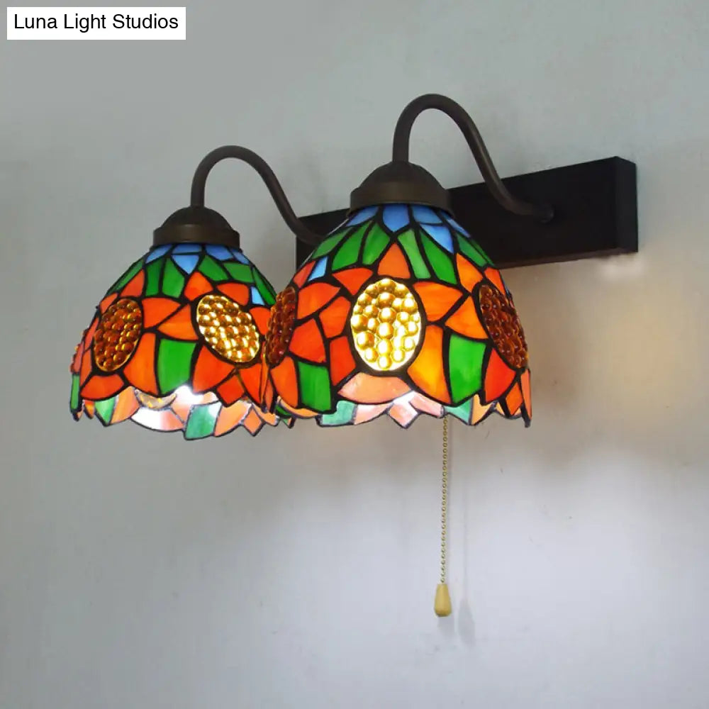 Baroque Orange Glass Dome Wall Sconce Light With Pull Chain - 1 Head Black Fixture