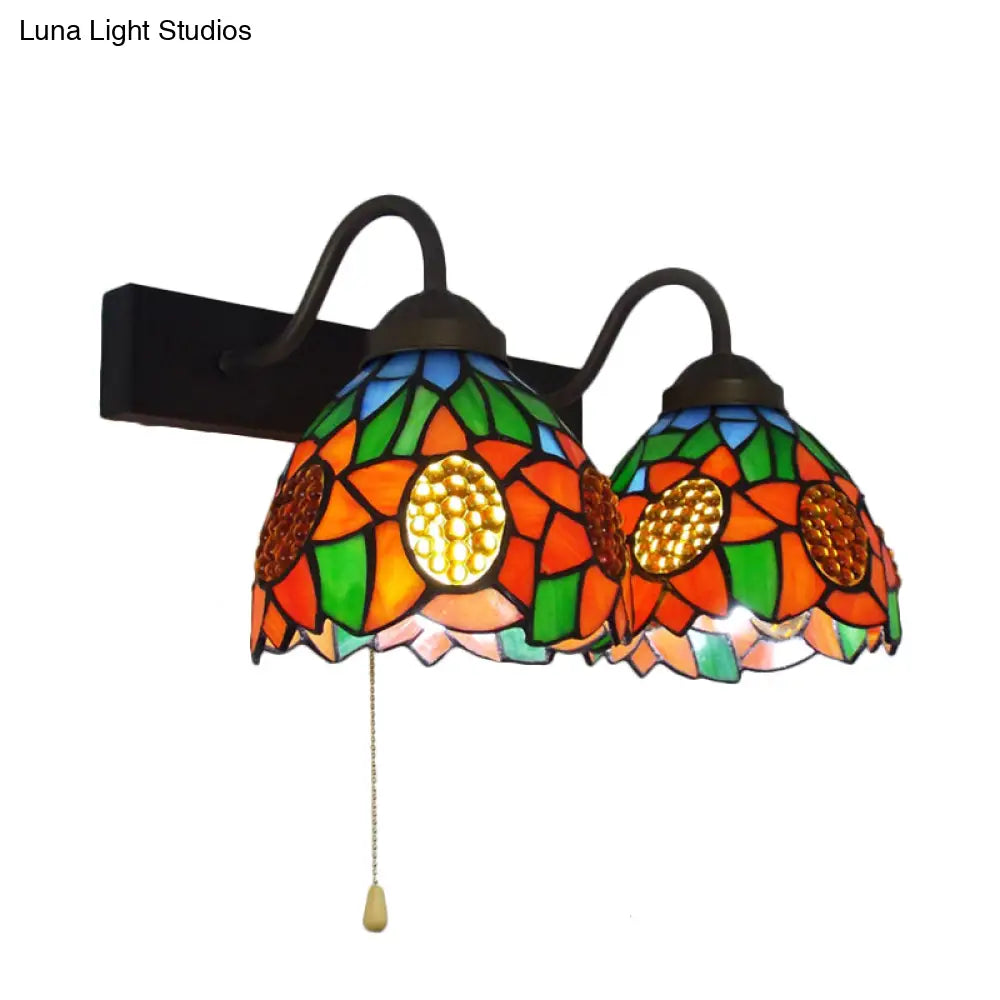 Baroque Orange Glass Dome Wall Sconce Light With Pull Chain - 1 Head Black Fixture