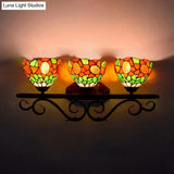 Baroque Orange Stained Glass Sconce Light With Sunflower Pattern - 3-Head Bowl Wall Fixture
