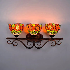 Baroque Orange Stained Glass Sconce Light With Sunflower Pattern - 3-Head Bowl Wall Fixture