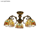 Baroque Semi Flush Ceiling Light In Aged Brass With Stained Glass Dome Shade
