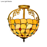 Baroque Semi Flush Mount Ceiling Light With Grid Pattern Cut Glass - 2 Lights In Yellow/Orange/Blue