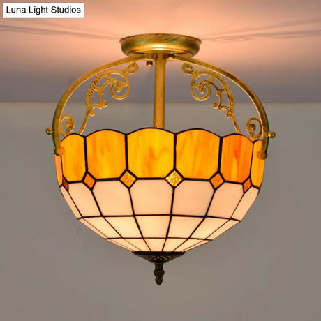 Baroque Semi Flush Mount Ceiling Light With Grid Pattern Cut Glass - 2 Lights In Yellow/Orange/Blue