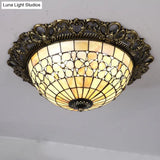 Baroque Shell Dome Brass Ceiling Lamp With Embossed Flower Trim - 3 - Light Flush Mount Fixture
