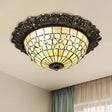 Baroque Shell Dome Brass Ceiling Lamp With Embossed Flower Trim - 3 - Light Flush Mount Fixture