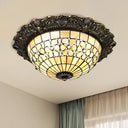 Baroque Shell Dome Brass Ceiling Lamp With Embossed Flower Trim - 3 - Light Flush Mount Fixture