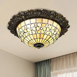 Baroque Shell Dome Brass Ceiling Lamp With Embossed Flower Trim - 3 - Light Flush Mount Fixture