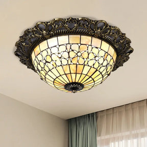 Baroque Shell Dome Brass Ceiling Lamp With Embossed Flower Trim - 3 - Light Flush Mount Fixture