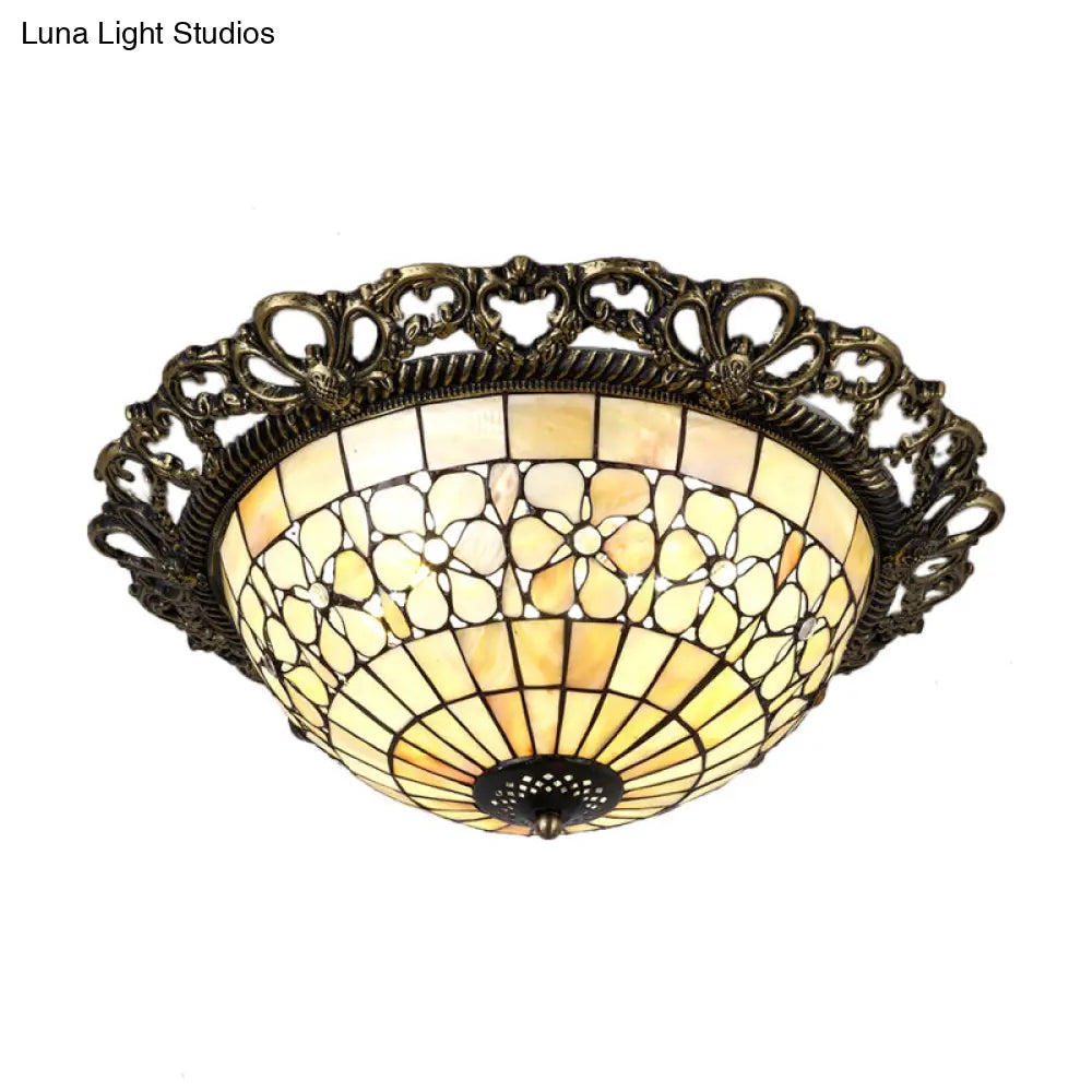 Baroque Shell Dome Brass Ceiling Lamp With Embossed Flower Trim - 3 - Light Flush Mount Fixture