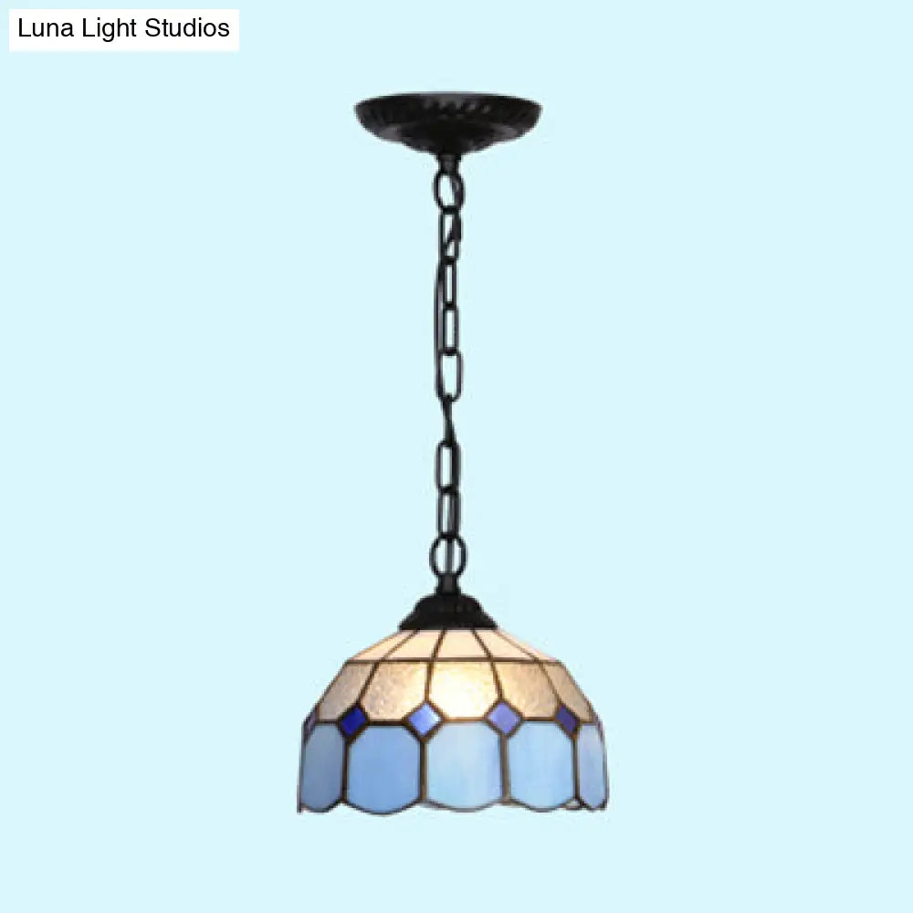 Baroque Stained Glass Ceiling Light Fixture In Black/White/Blue For Dining Room - 1 Head Suspension