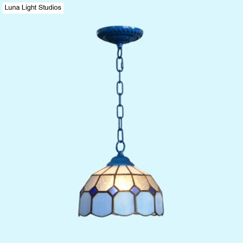 Baroque Stained Glass Ceiling Light Fixture In Black/White/Blue For Dining Room - 1 Head Suspension