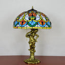 Baroque Stained Glass Table Lamp With Fisher Girl Statue - 3-Bulb Night Stand Light Geometric