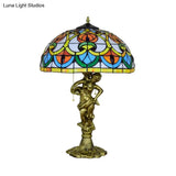 Baroque Stained Glass Table Lamp With Fisher Girl Statue - 3-Bulb Night Stand Light Geometric