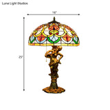 Baroque Stained Glass Table Lamp With Fisher Girl Statue - 3-Bulb Night Stand Light Geometric