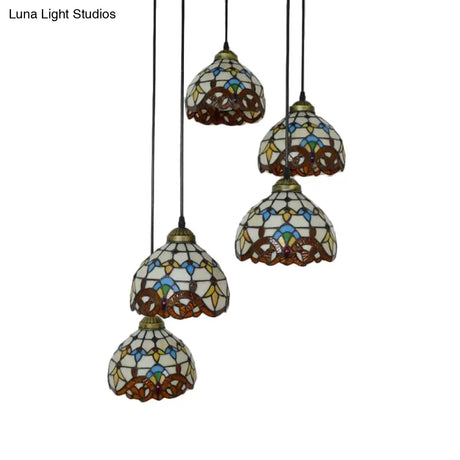 Baroque Style Glass Bell Cascade Pendant Light - Blue/Beige Shade For Dining Room Lighting