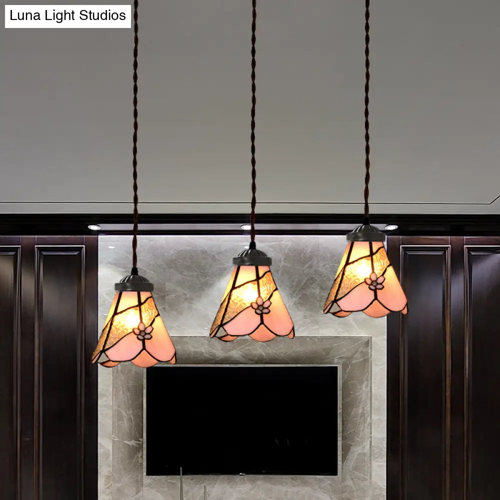 Baroque Style Pink Stained Glass Pendant Light Kit For Dining Room With 3 Bulbs