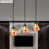 Baroque Style Pink Stained Glass Pendant Light Kit For Dining Room With 3 Bulbs