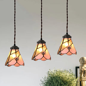 Baroque Style Pink Stained Glass Pendant Light Kit For Dining Room With 3 Bulbs / Flower