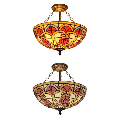 Baroque Style Stained Glass Ceiling Light Semi Flush Mount Fixture For Bedroom