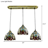 Baroque Style Stained Glass Pendant With 3 Lights - Brown/Black Linear Ceiling Fixture For Dining