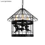 Barrel/Birdcage Chandelier Lighting - Vintage Style Pendant Light 3 Lights Black Metallic Over Table